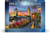 Ravensburger Tower Bridge at Sunset 1000 piece jigsaw puzzle box featuring Tower Bridge, a red telephone box and colourful sunset sky