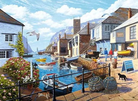 Ravensburger Tranquil Harbour puzzle artwork showing boats in a small coastal harbour with cottages, fishing gear, church tower and sea beyond