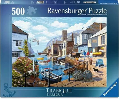 Ravensburger Tranquil Harbour 500 piece jigsaw puzzle box featuring the coastal harbour scene with boats, cottages and fishing gear