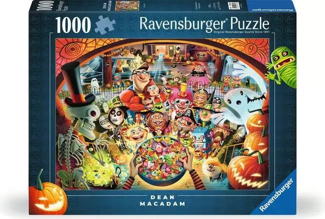 Ravensburger Trick or Treat 1000 piece jigsaw puzzle box featuring Dean MacAdam Halloween artwork with costumed trick or treaters and pumpkins