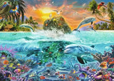 Ravensburger Underwater Island puzzle artwork showing dolphins, a sea turtle, tropical fish, coral, palm trees and an island sunset