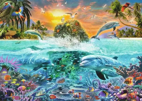 Ravensburger Underwater Island puzzle artwork showing dolphins, a sea turtle, tropical fish, coral, palm trees and an island sunset
