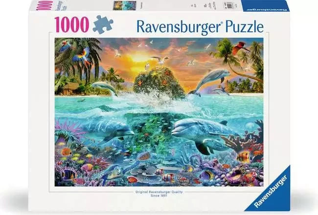 Ravensburger Underwater Island 1000 piece jigsaw puzzle box featuring the tropical underwater scene with dolphins and colourful marine life