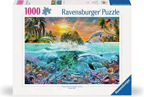 Ravensburger Underwater Island 1000 piece jigsaw puzzle box featuring the tropical underwater scene with dolphins and colourful marine life