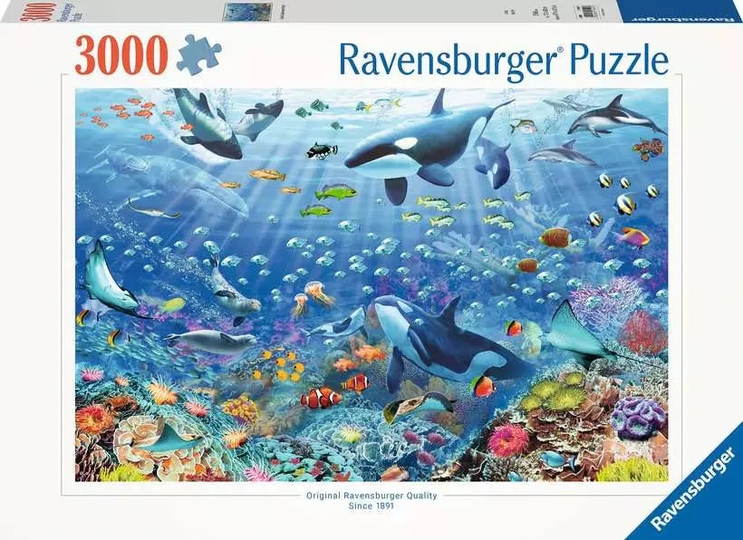 Ravensburger Colourful Underwater World 3000 Piece jigsaw puzzle retail box showing the marine life artwork
