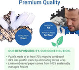 Ravensburger Premium Quality puzzle graphic showing precision fit, reflectionless surface and recycled cardboard information