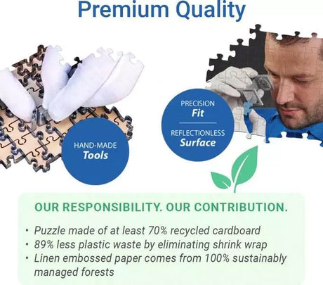 Ravensburger Premium Quality puzzle graphic showing precision fit, reflectionless surface and recycled cardboard information