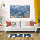 Completed Ravensburger Colourful Underwater World puzzle displayed on a wall above a sofa
