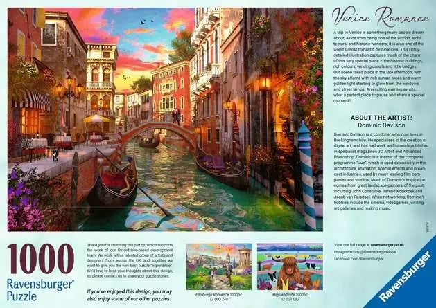 Back of the Ravensburger Venice Romance puzzle box showing the completed canal artwork, product information and artist Dominic Davison details