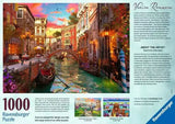 Back of the Ravensburger Venice Romance puzzle box showing the completed canal artwork, product information and artist Dominic Davison details