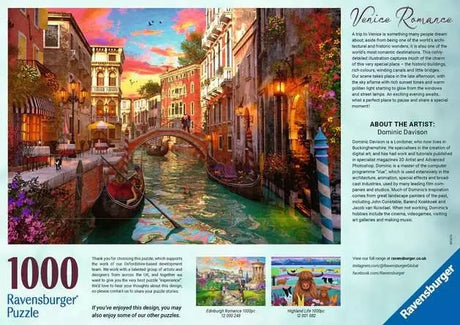 Back of the Ravensburger Venice Romance puzzle box showing the completed canal artwork, product information and artist Dominic Davison details