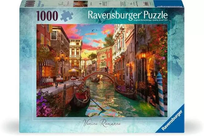 Ravensburger Venice Romance 1000 piece jigsaw puzzle box featuring gondolas, a canal bridge and colourful Venetian buildings at sunset