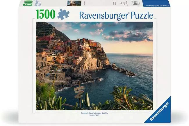 Ravensburger View of Cinque Terre, Italy 1500 piece jigsaw puzzle box front showing the coastal village scene