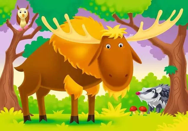 Ravensburger Where do we Live forest puzzle showing a moose with an owl and badger among woodland trees