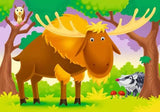 Ravensburger Where do we Live forest puzzle showing a moose with an owl and badger among woodland trees