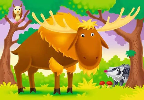 Ravensburger Where do we Live forest puzzle showing a moose with an owl and badger among woodland trees
