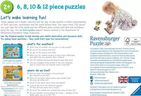 Ravensburger Where do we Live learning guide showing the four puzzle scenes, activity prompts and product information