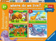 Ravensburger Where do we Live 6, 8, 10 and 12 piece jigsaw puzzle box showing all four animal habitat scenes and 2+ age marking