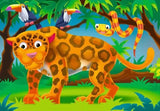 Ravensburger Where do we Live rainforest puzzle showing a jaguar with toucans, snake and frog among tropical trees
