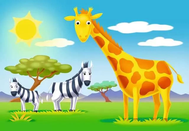 Ravensburger Where do we Live savanna puzzle showing a giraffe and two zebras beneath a bright sun