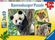 Ravensburger Wildlife 3 x 49 piece jigsaw puzzle box featuring the panda, lion cub and tiger cub puzzle scenes