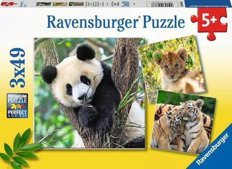 Ravensburger Wildlife 3 x 49 piece jigsaw puzzle box featuring the panda, lion cub and tiger cub puzzle scenes