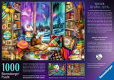 Ravensburger Winter Reading Nook puzzle box back with artwork, text and artist panel