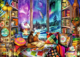 Window seat scene with two cats, bookshelves, patchwork cushions and snowy trees outside