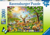 Ravensburger Wonderful Wilderness 200 Piece XXL jigsaw puzzle artwork showing deer, foxes, rabbits and birds in a colourful woodland scene