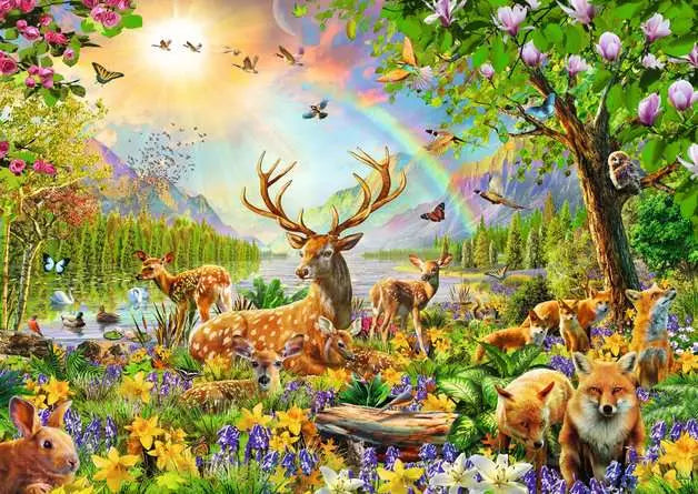 Ravensburger Wonderful Wilderness 200 Piece XXL jigsaw puzzle artwork showing deer, foxes, rabbits and birds in a colourful woodland scene