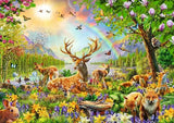 Ravensburger Wonderful Wilderness 200 Piece XXL jigsaw puzzle artwork showing deer, foxes, rabbits and birds in a colourful woodland scene