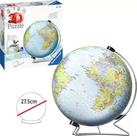 Ravensburger The World on V Stand 3D globe puzzle with a 27.5cm height measurement graphic showing the completed model.