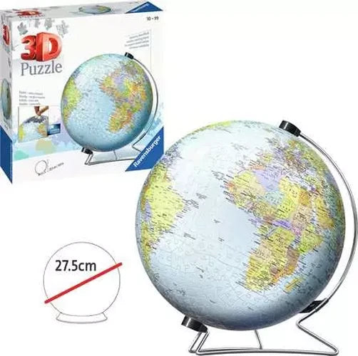 Ravensburger The World on V Stand 3D globe puzzle with a 27.5cm height measurement graphic showing the completed model.
