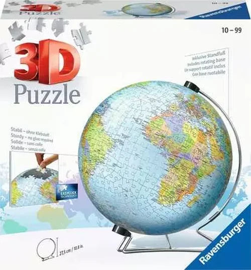 Ravensburger The World on V Stand 540 piece 3D Puzzleball retail packaging, featuring the world globe puzzle, Ravensburger branding and assembled globe illustration.