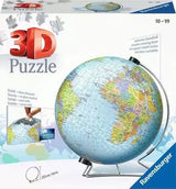 Ravensburger The World on V Stand 540 piece 3D Puzzleball retail packaging, featuring the world globe puzzle, Ravensburger branding and assembled globe illustration.