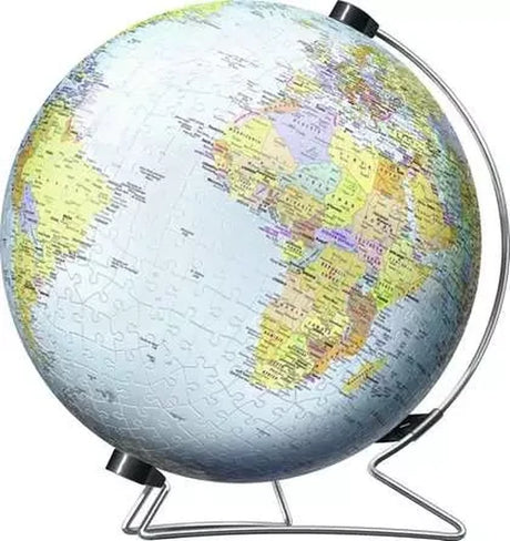 Assembled Ravensburger 540 piece world globe puzzle showing the illustrated continents and oceans, mounted on its V shaped display stand.