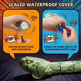 Illustrated instructions showing a screwdriver opening the snake's sealed battery cover and a blue rechargeable battery being connected to the power cable. A green RC snake appears beneath the two instructional panels.