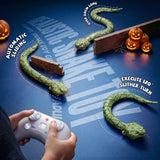 Promotional graphic showing three green remote control snakes following curved movement paths around miniature brick walls, with Halloween pumpkins, a grey controller and callouts highlighting automatic sliding and a 120 degree turn.