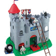 Front view of Red Box Medieval Castle playset with knight figures, ladder and cannon