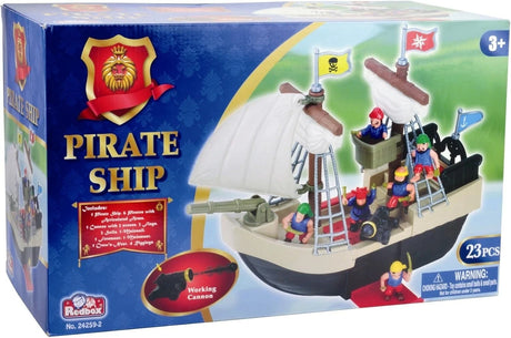 Red Box Pirate Ship box showing 3+ age mark, 23 piece label, ship image and working cannon panel