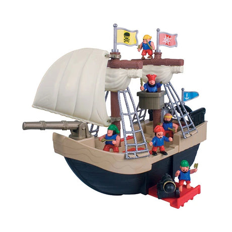 Red Box pirate ship play set shown with white sails, pirate figures, ladders, flags, cannon and gangplank