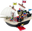 Red Box pirate ship play set shown from the right side with pirate figures, cannon, ladders, sails and flags