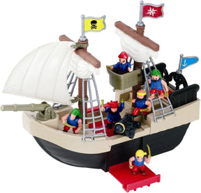 Red Box pirate ship play set shown from the right side with pirate figures, cannon, ladders, sails and flags