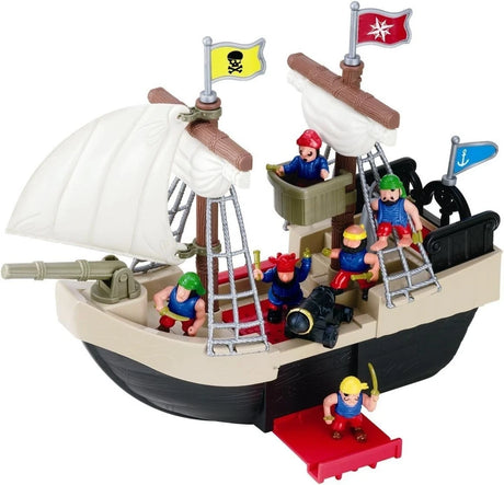 Red Box pirate ship play set shown from the right side with pirate figures, cannon, ladders, sails and flags