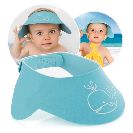 Reer My Happy Bath Cap Shampoo Shield worn by a baby during bath time, showing blue foam cap with whale graphic protecting eyes and ears