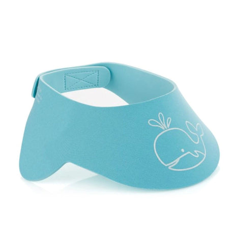 Reer My Happy Bath Cap Shampoo Shield product shown on white background, blue adjustable foam cap with curved brim and whale print