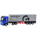 Blue remote controlled transport truck with long cargo container on a white background