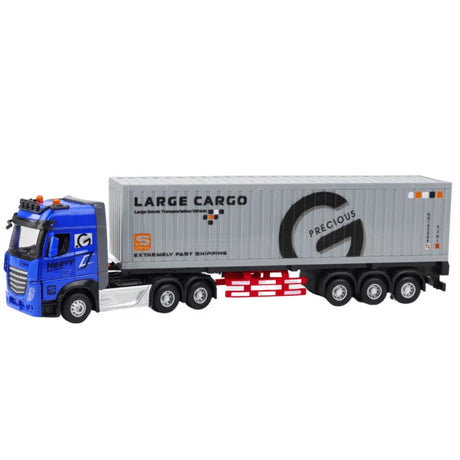 Blue remote controlled transport truck with long cargo container on a white background