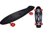 Black retro mini cruiser skateboard shown in both top and underside views with red wheels.