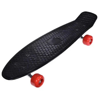 Black retro style mini cruiser skateboard with a textured deck and red wheels shown from a top angle.